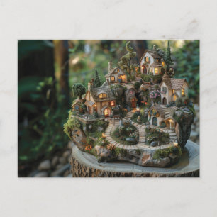 Gnome village on a tree trunk postcard