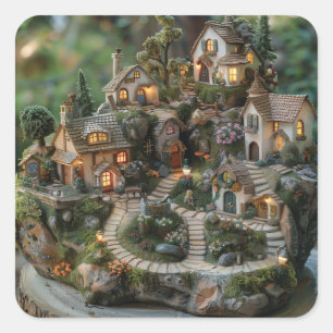 Gnome village on a tree trunk square sticker