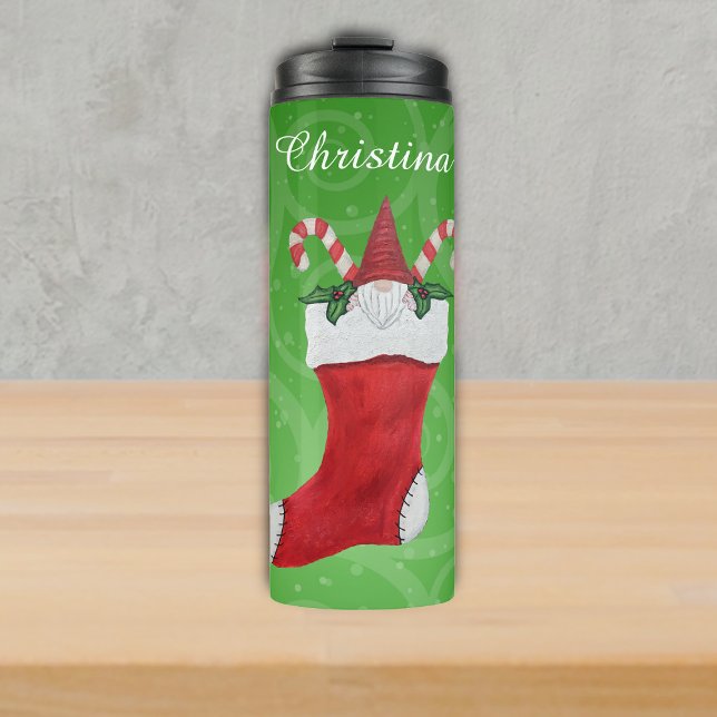 Gnome White Beard in Christmas Stocking on Swirls Thermal Tumbler (Cute gnome in red Christmas stocking with candy canes and holly on green swirled thermal tumbler.)