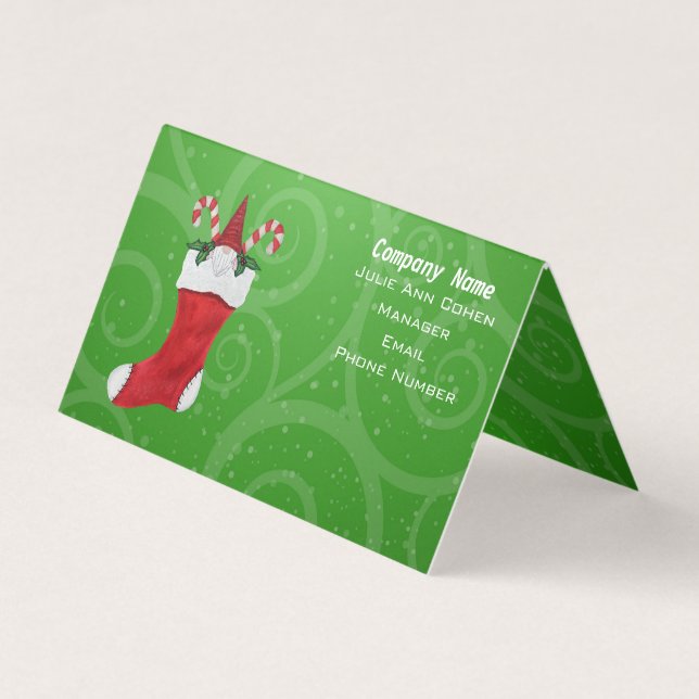 Gnome White Beard in Red Christmas Stocking Green Business Card (Front)