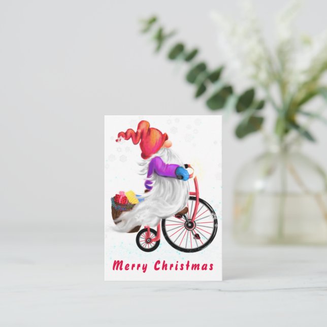 Gnome with Bike and Gifts Christmas Card (Standing Front)