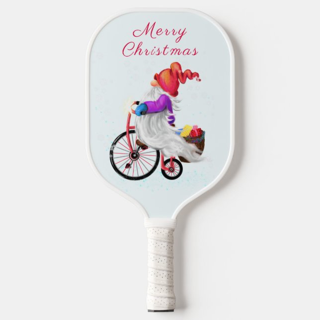 Gnome with Bike Christmas Pickleball Paddle (Front)