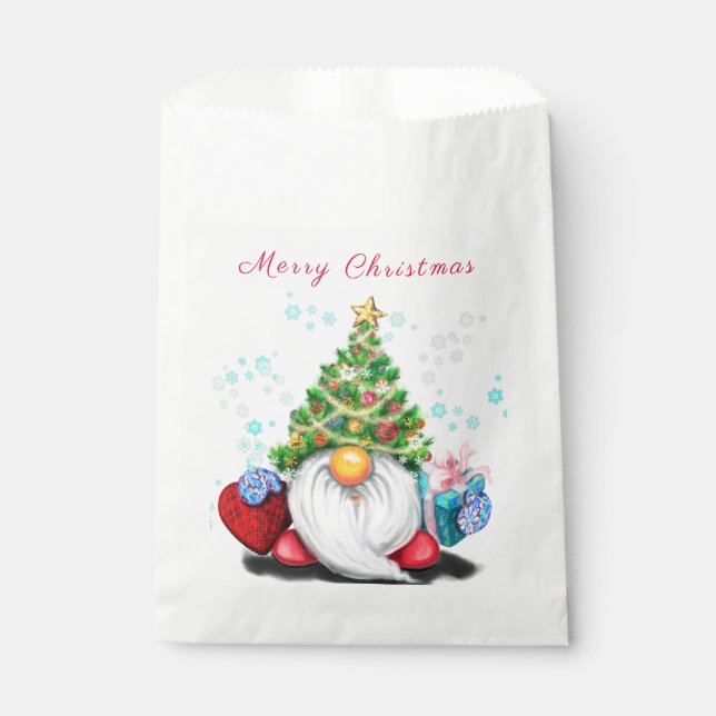 Gnome with Christmas Tree Hat and Gift Favour Bag (Front)