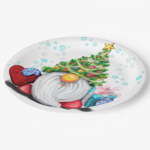 Gnome with Christmas Tree Hat and Gift For You Paper Plate