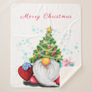 Gnome with Christmas Tree Hat and Gift - Fun  Sherpa Blanket
