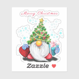 Gnome with Christmas Tree Hat and Gift Sticker