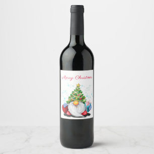 Gnome with Christmas Tree Hat and Gift Wine Label