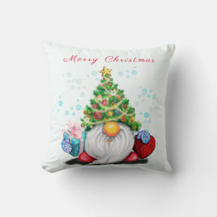 Gnome with Christmas Tree Hat Throw Pillow