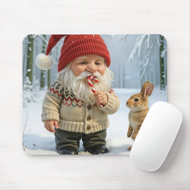 Gnome With Enjoying a Candy Cane In Snowy Forest Mouse Mat (With Mouse)
