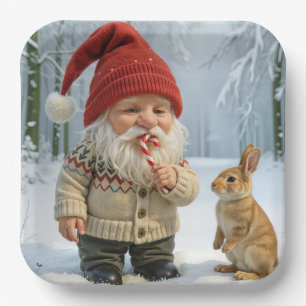 Gnome With Enjoying a Candy Cane In Snowy Forest Paper Plate