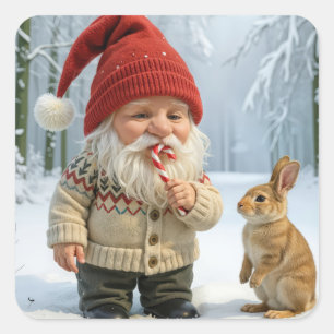 Gnome With Enjoying a Candy Cane In Snowy Forest Square Sticker