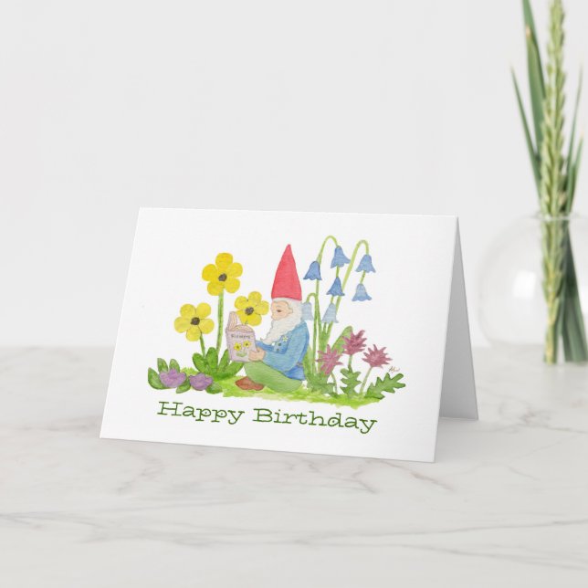 Gnome with Flower Book birthday card (Front)