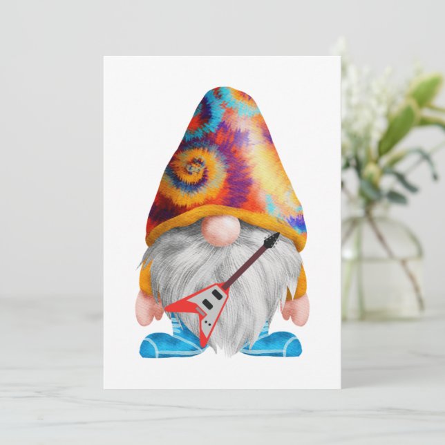Gnome with guitar and colourful hat on a  invitation (Standing Front)