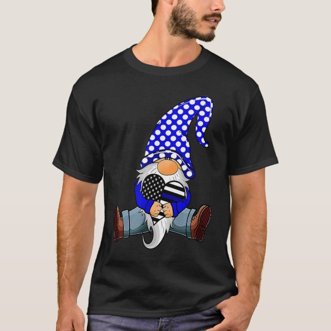 Gnome With Heart American Flag Heart Blue Line Pol T-Shirt (Front)