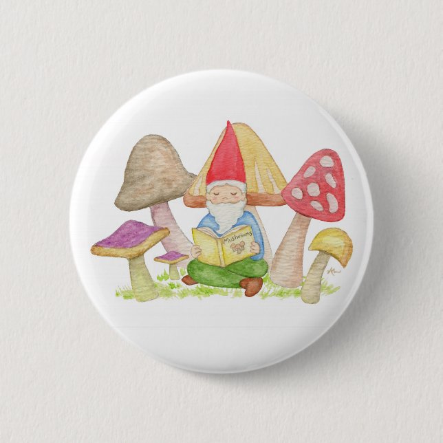 Gnome with Mushroom Book button (Front)