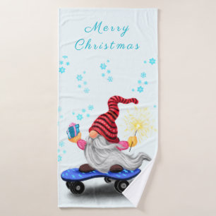 Gnome with Skateboard Christmas Bath Towels