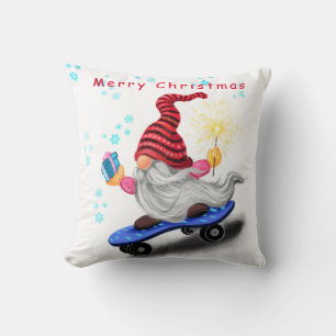 Gnome with Skateboard Christmas Pillow