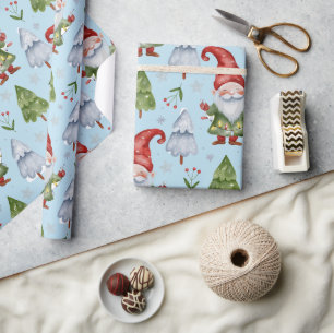 Gnome Wrapping Paper Light Blue Watercolor