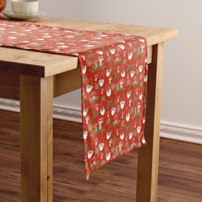 Gnomes and Mushrooms on Red Woodland Holiday Long Table Runner (In Situ)