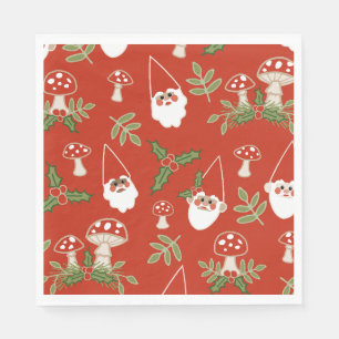 Gnomes and Mushrooms on Red Woodland Holiday Napkin