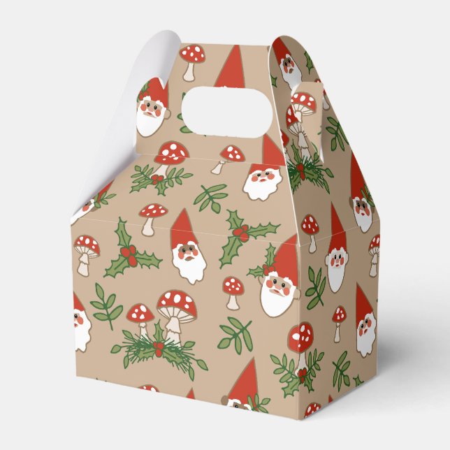 Gnomes and Mushrooms on Tan Woodland Holiday Favour Box (Front Side)