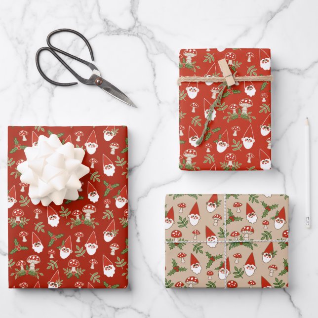 Gnomes and Mushrooms Red and Natural Holiday Wrapping Paper Sheet (Front)