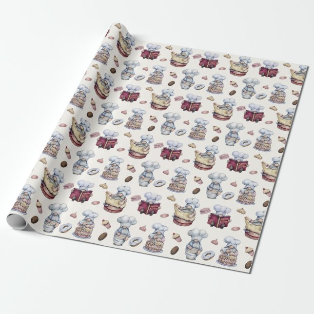 Gnomes Baking Cupcakes Doughnuts Trendy Woodland  Wrapping Paper (Unrolled)