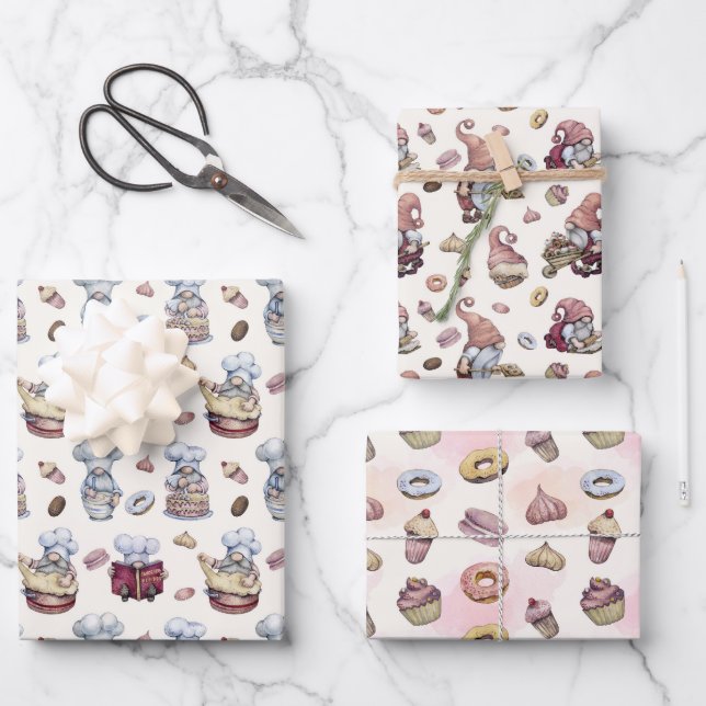 Gnomes Baking Cupcakes Doughnuts Trendy Woodland  Wrapping Paper Sheet (Front)