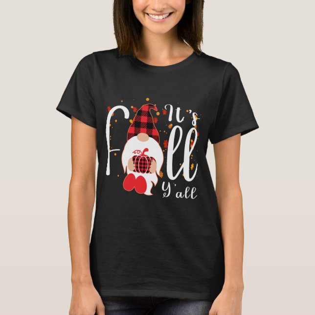 Gnomes Buffalo Red Plaid Pumpkin It's Fall Y'all C T-Shirt (Front)