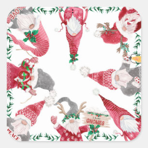 Gnomes Christmas Holiday Red Grey Cute Watercolor Square Sticker