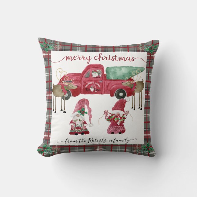 Gnomes Christmas Tree Farm Red Truck Grey Plaid Cushion (Front)