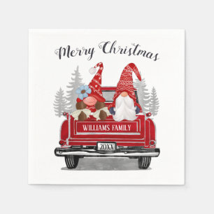 Gnomes Couple Vintage Red Truck Merry Christmas Napkin