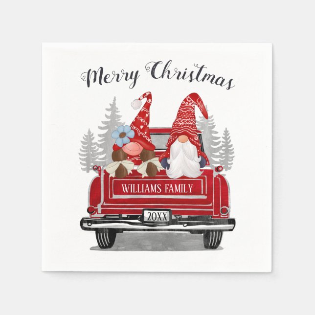 Gnomes Couple Vintage Red Truck Merry Christmas Napkin (Front)