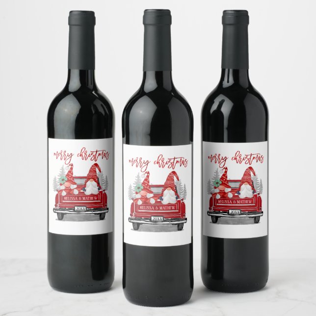 Gnomes Couple Vintage Red Truck Merry Christmas Wine Label (Bottles)