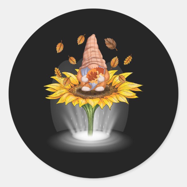 Gnomes Fall Leaf tree Autumn Beam Sunflower Thanks Classic Round Sticker (Front)