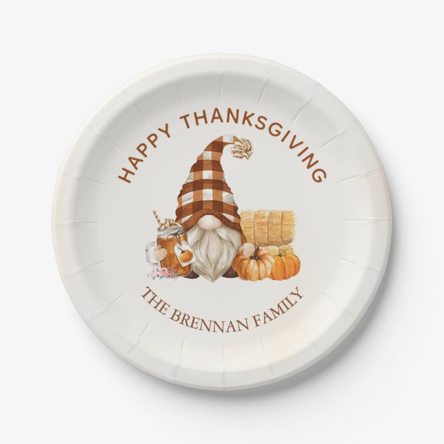 Gnomes Fall Pumpkin Happy Thanksgiving Dinner Paper Plate (Front)