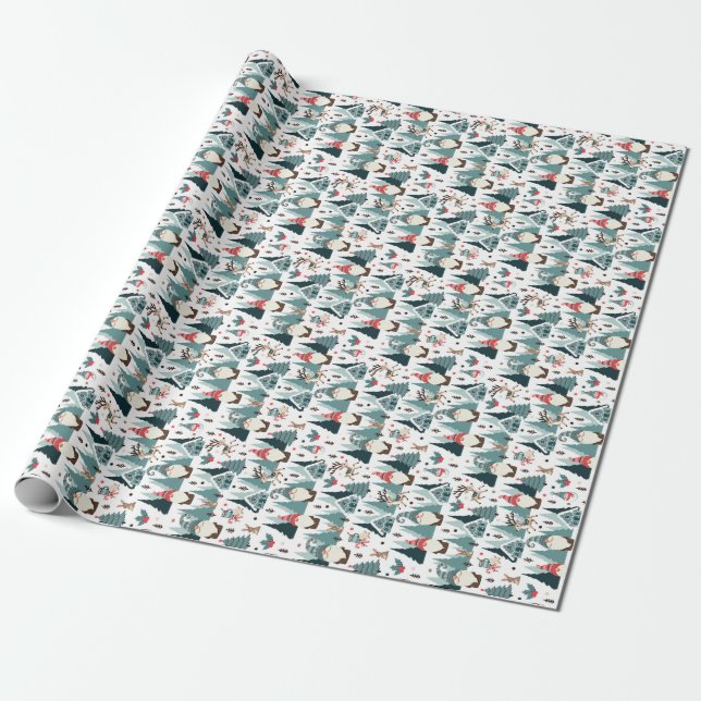 Gnomes, fir trees, snowmen, rabbits, deer, forest wrapping paper (Unrolled)