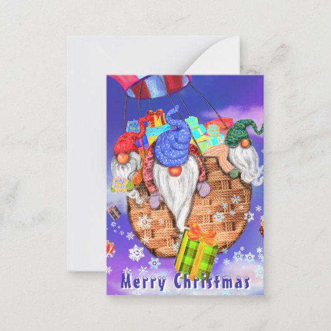 Gnomes Flying and Gives Gifts Christmas Card (Front)
