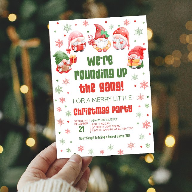 Gnomes Fun Holiday Christmas Party Invitation (We're Rounding up the Gang Fun Gnomes Christmas Invitation)