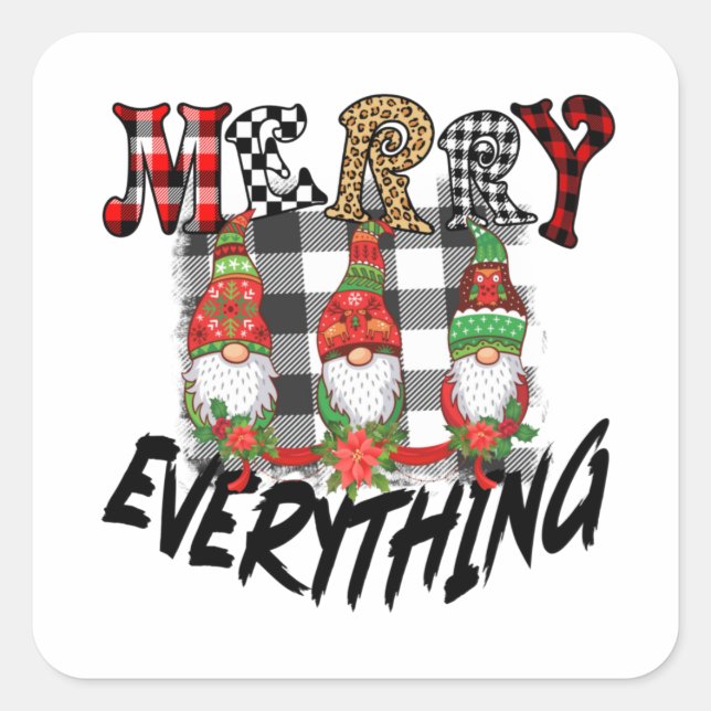 Gnomes Funny Merry Everything Black White Plaid Square Sticker (Front)