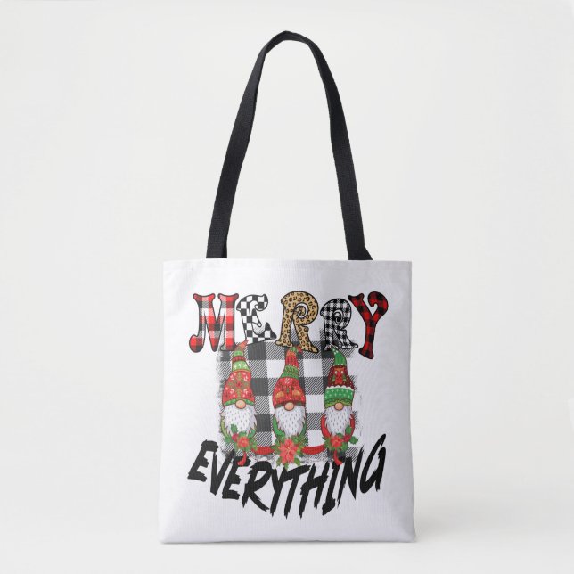 Gnomes Funny Merry Everything Black White Plaid Tote Bag (Front)