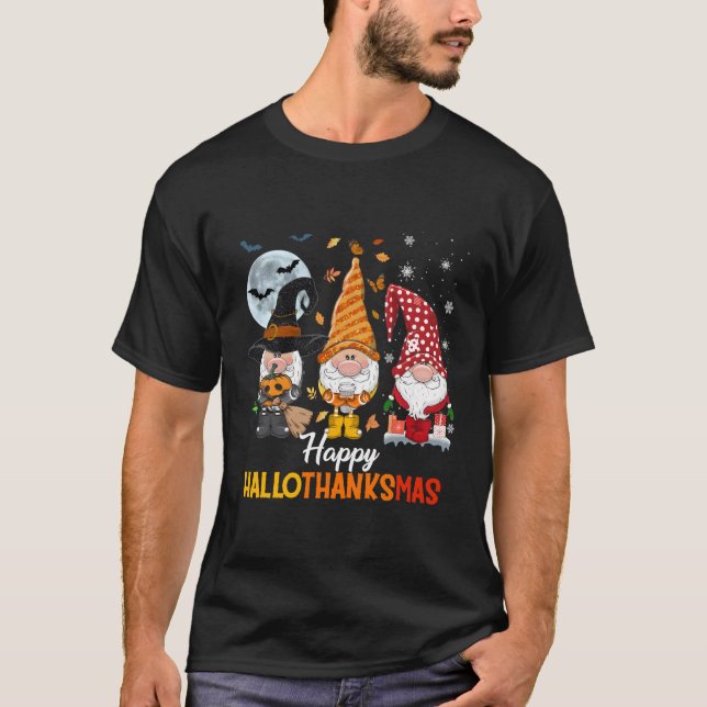 Gnomes Halloween Merry Happy Hallothanksmas T-Shirt (Front)