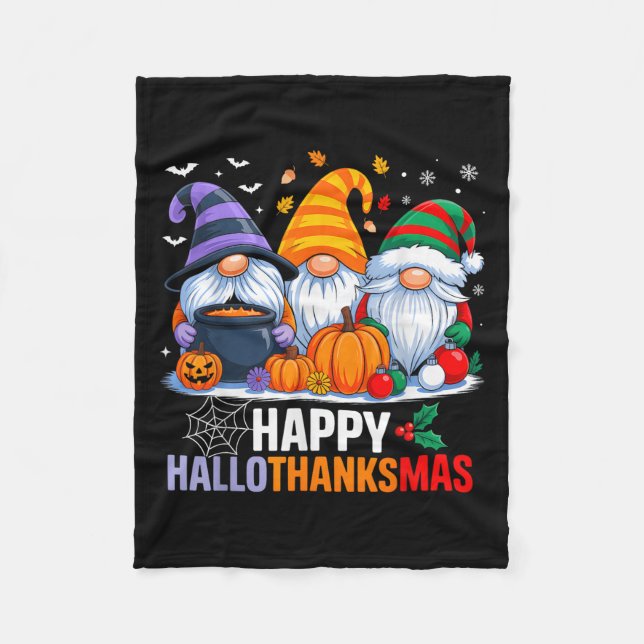 Gnomes Halloween Thanksgiving Christmas Happy Hall Fleece Blanket (Front)