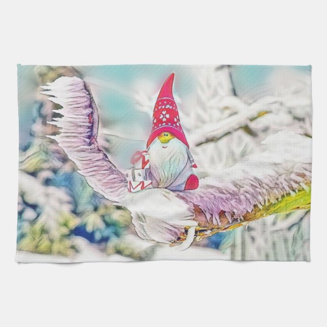 Gnomes in the snow watercolor painting  tea towel (Horizontal)