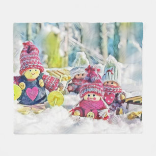 Gnomes in the snow watercolor painting vintage fleece blanket