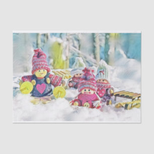 Gnomes in the snow watercolor painting vintage tissue paper