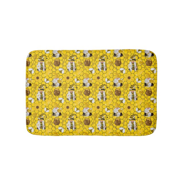Gnomes Making Honey Yellow Floral Honey Bees  Bath Mat (Front)