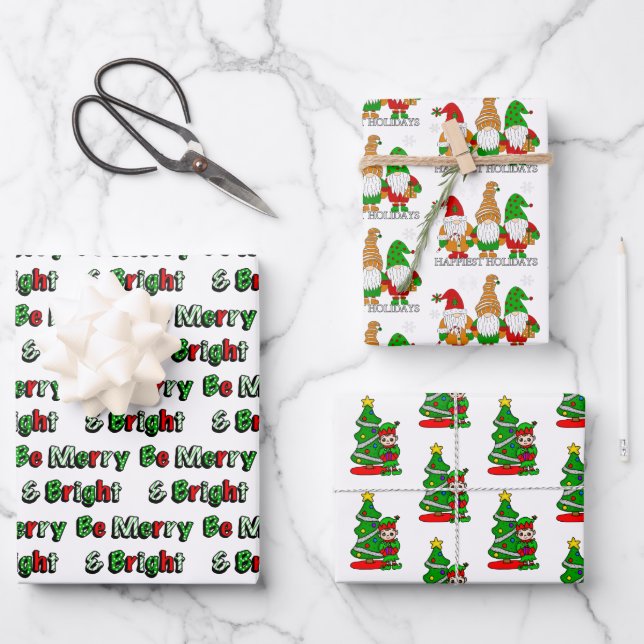 Gnomes, Merry and Bright and Christmas Elves Wrapping Paper Sheet (Front)
