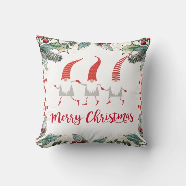 Gnomes Merry Christmas Red On White Cushion (Front)