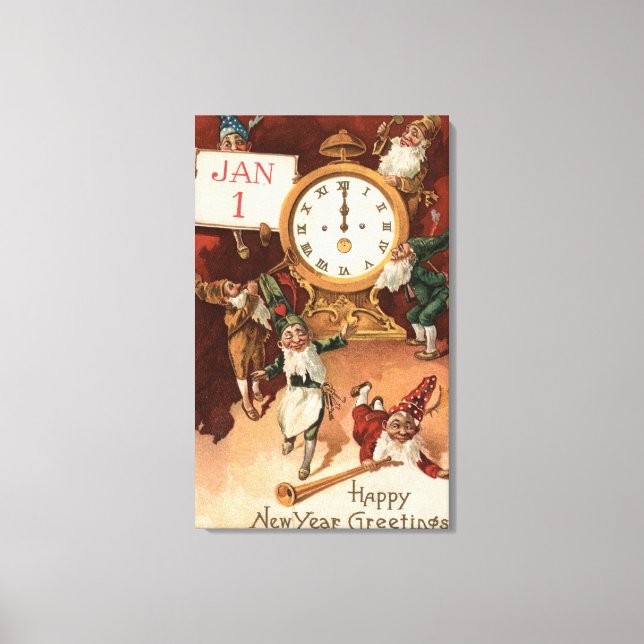 Gnomes Partying Around a Clock Canvas Print (Front)